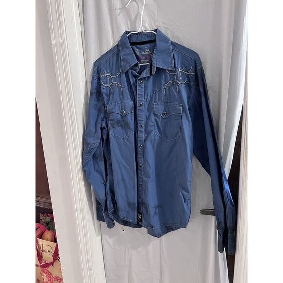 Rock 47 Blue Tie Dye Snap Front Cross Embroidered Western Shirt M - Picture 1 of 7